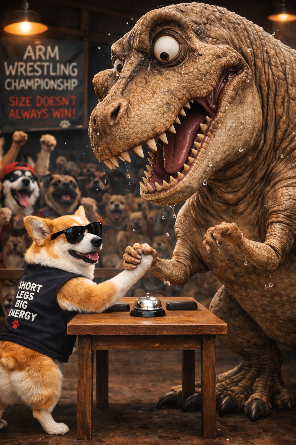Shades Corgi arm wrestling a T-Rex