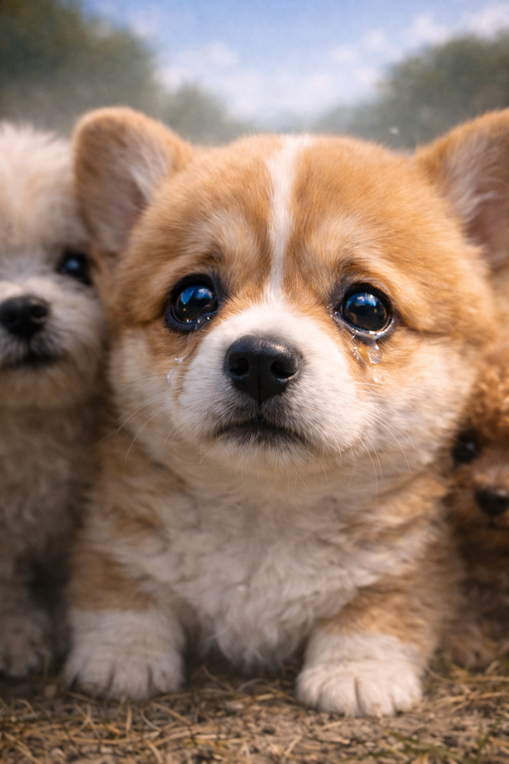 Close-up portrait of a small corgi with teary eyes