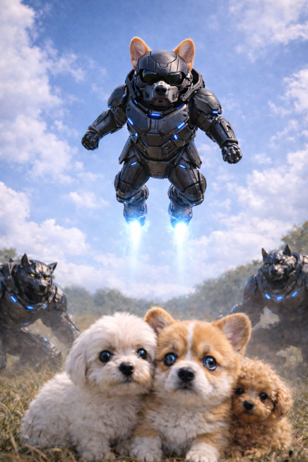 Shades Corgi flying in futuristic armor above a group of small puppies