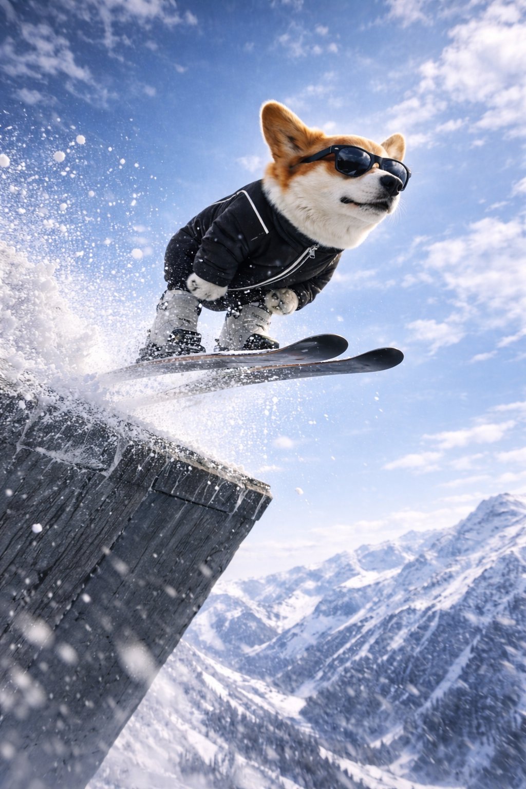 Shades Corgi ski jumping
